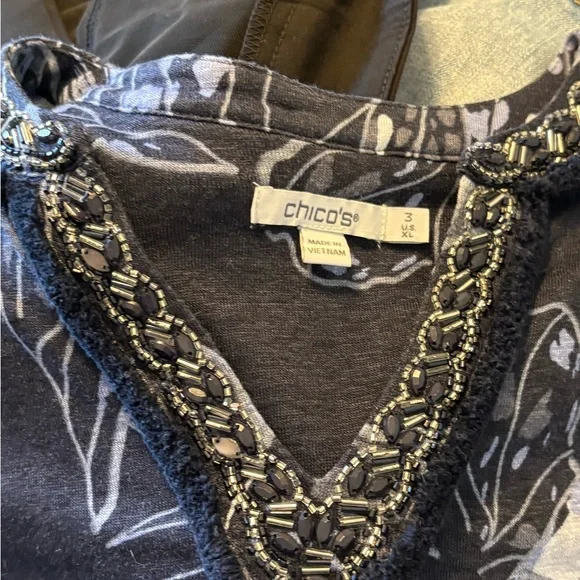 ✨ Chico’s Navy & White Floral Linen Tunic | Breezy Coastal Chic Sz 3 (16/18) - Picture 7 of 9